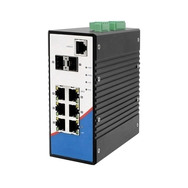 8-Port DIN-rail managed industrial Ethernet switch, with 2×100Mbps fiber ports and 6×100Mbps copper ports