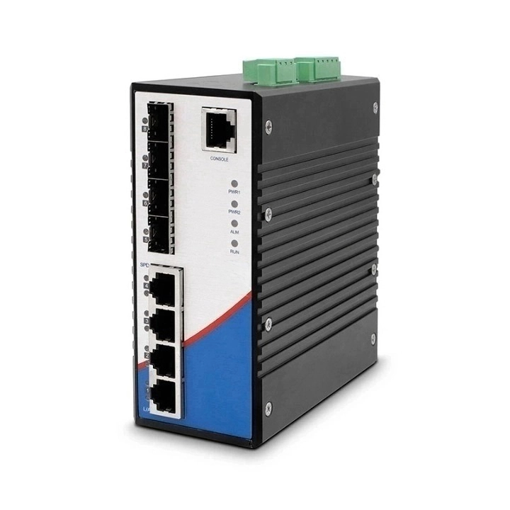 8-Port DIN-rail managed industrial Ethernet switch with 4×100Mbps fiber ports and 4×100Mbps copper ports