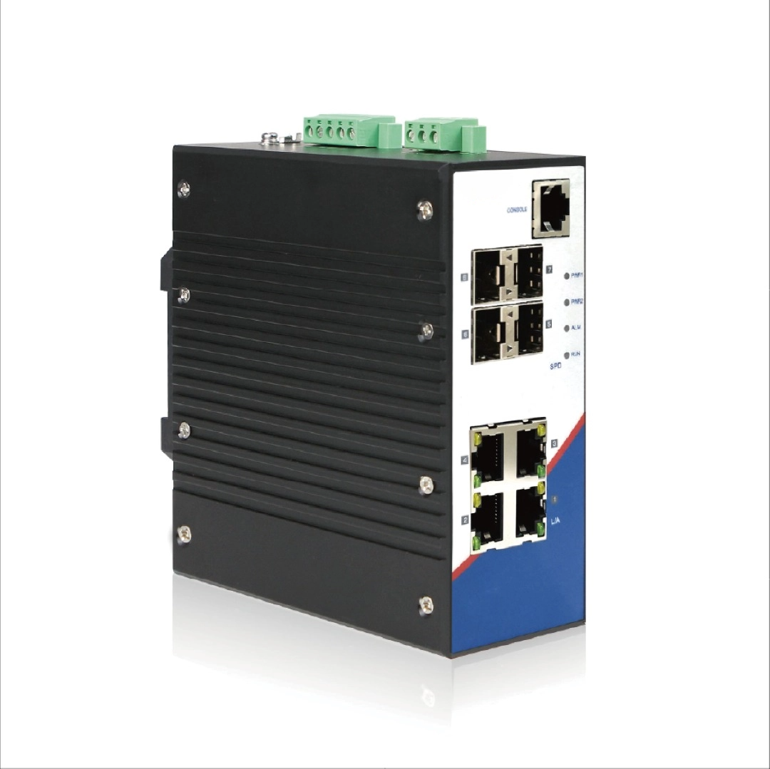 8-Port DIN-rail managed industrial Ethernet switch, with 4×100Mbps fiber ports, 4×100Mbps copper ports