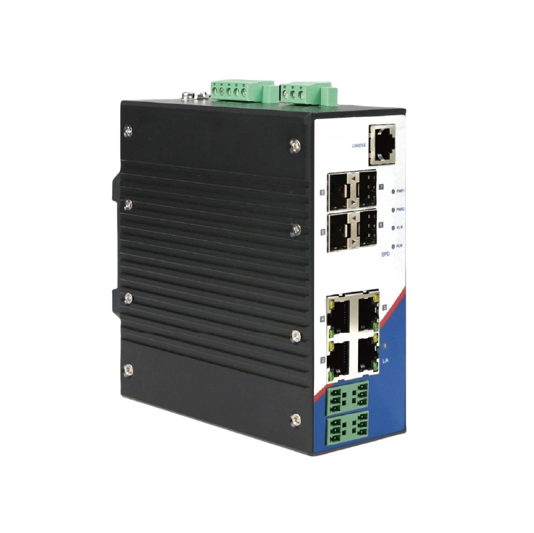 8-Port DIN-rail managed industrial Ethernet switch, with 4×100Mbps fiberports, 4×100Mbps copper ports,and4-way serial ports