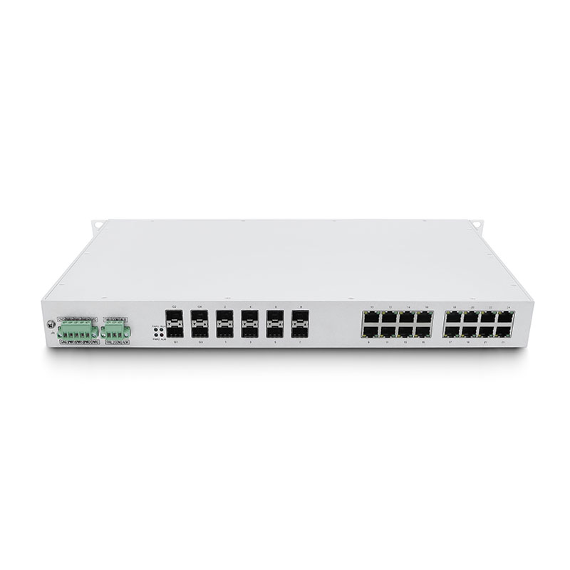 28-Port managed industrial Ethernet switch, with 4×Gigabit SFP ports, 8×100Mbps SFP ports, and 16×100Mbps electrical ports